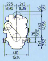 Diagram showing the dimensions of the Volvo Penta 2002 from the front elevation