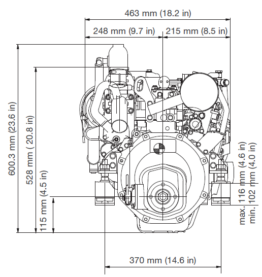Image showing the Yanmar 2YM15 Dimensions on the Forward Side of the engine block