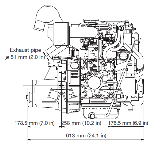 Image showing the Yanmar 2YM15 Dimensions on the Starboard Side of the engine block