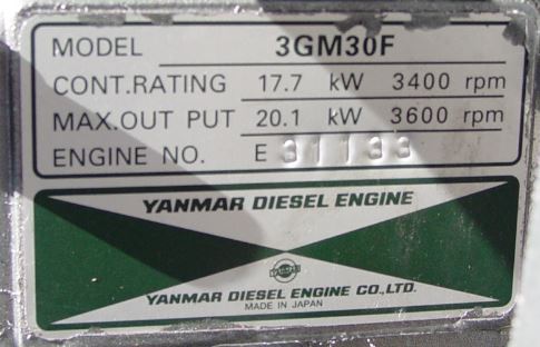 Image showing the identification plate from a Yanmar 3GM30F Marine Diesel Engine