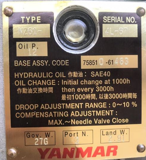 Information plate from a Yanmar NZ61 Hydraulic Governor